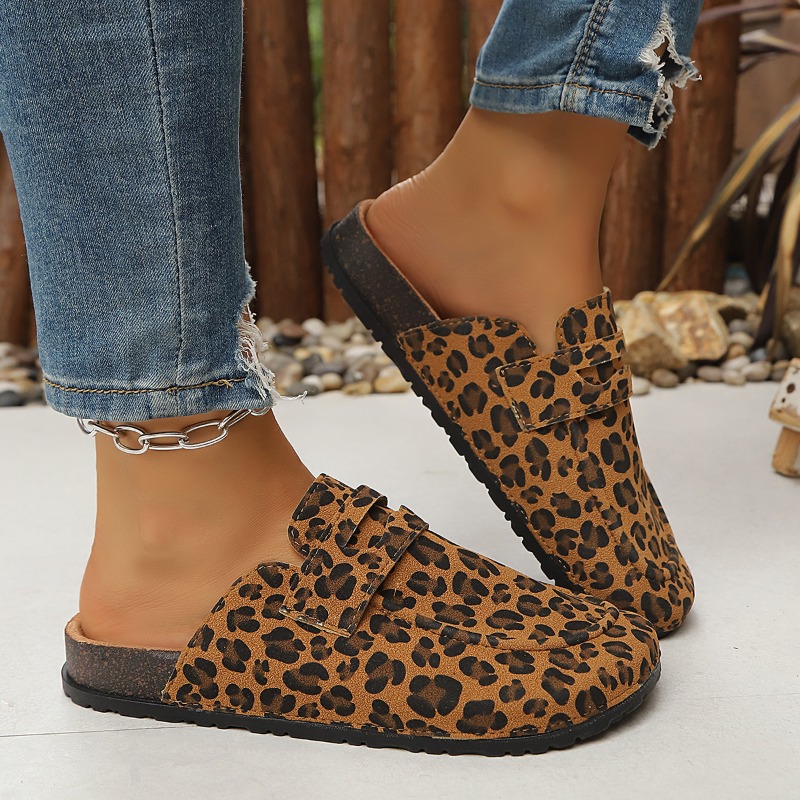 Slip On Mule Flat - Dames pantoffels met luipaardprint, verstelbare riem,