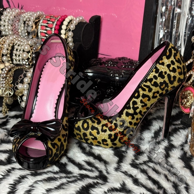 Women'S Shoes Peep Toe - Luipaardglitter peeptoe pumps met zwarte strik,