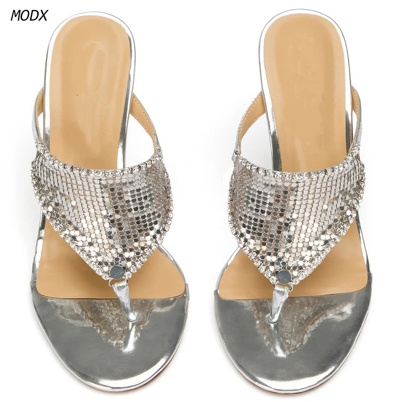 Thong Flat Sandal - Dames Zilver Metallic Thong Mules Pailletten
