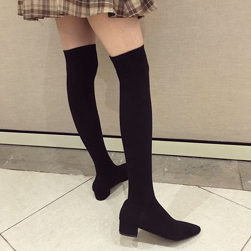 Sock Boot Women - Zwarte lage hakken dames stretch sokken