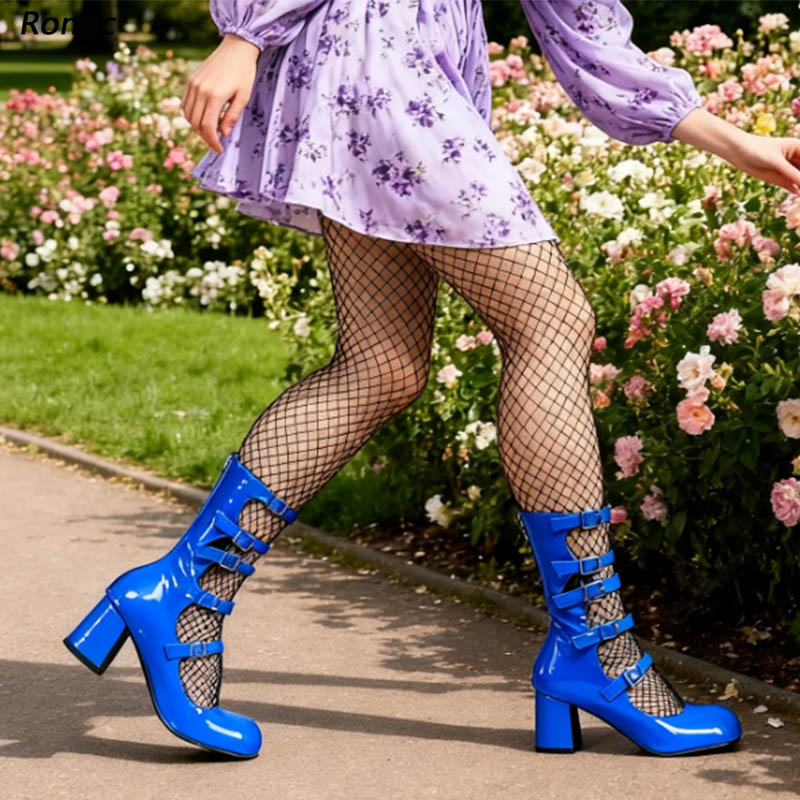 Women'S Shoes Navy Blue - Blauwe lakleren gotische laarzen - handgemaakte