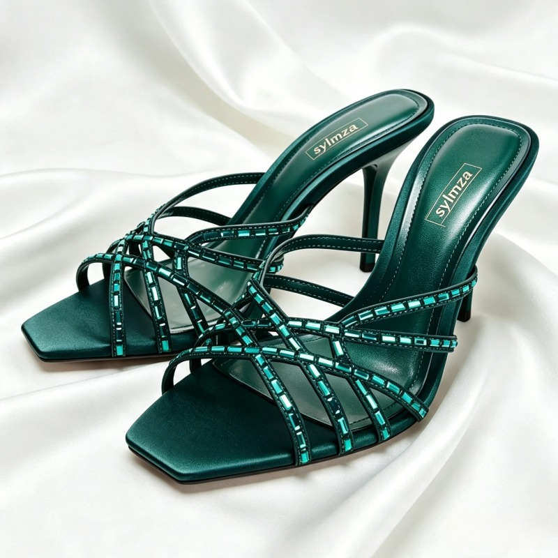 Women'S Shoes Navy Blue - Unieke pauwblauwe kristallen sandalen met hak,
