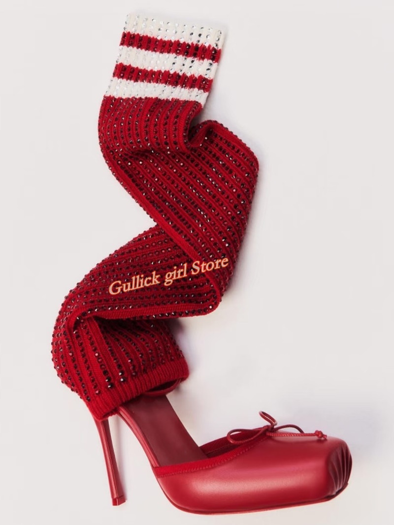 Sock Boot Women - Rode gebreide vierkante teenlaarzen met cut-out,